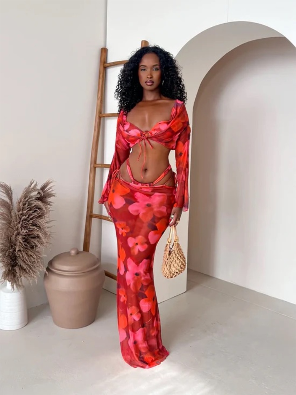 Red Floral Open-Back Bikini Set with Matching Maxi Cover-Up